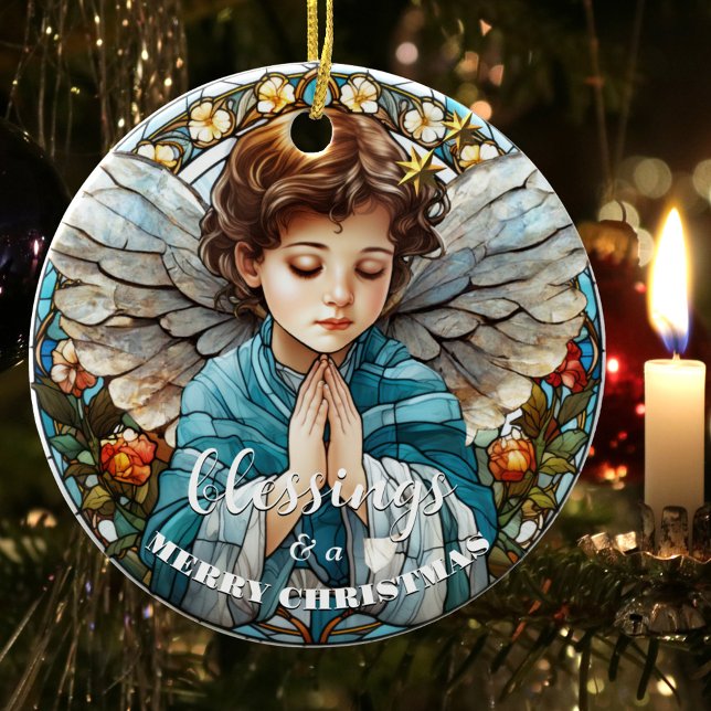Glaslagsblommor, fastsatt jul julgransprydnad keramik (Christmas ornament featuring a stained glass design with a praying angel)
