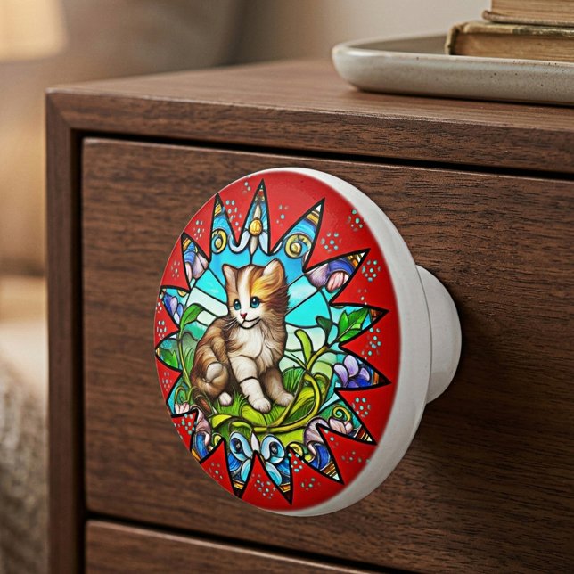 Glasmålad Kattunge Blomma Knopp (Colorful artistic ceramic drawer  knob featuring a leaded glass inspired design with cute kitten)
