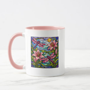 Glasmålade liljor och drakflugor rosa mugg