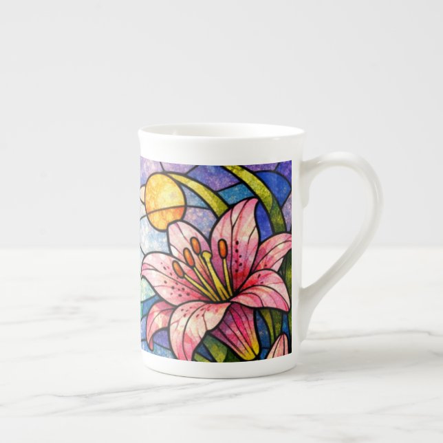 Glasmålade liljor och trollsländor rosa benporslin mugg (Höger)