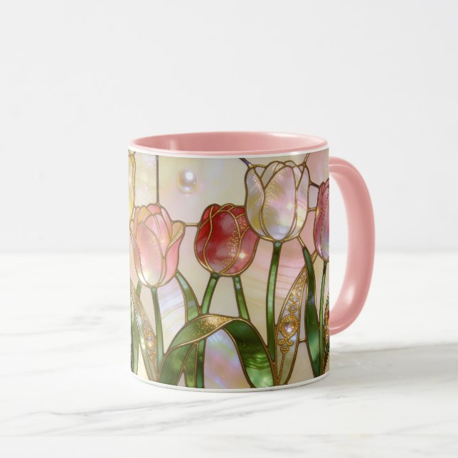 Glasmålning Stil Rosa och Gula Tulpaner Mugg (Framsida höger)