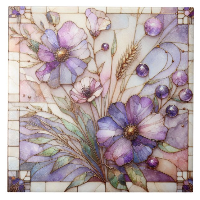 Glasmålning violett blomma kakelplatta (Framsidan)