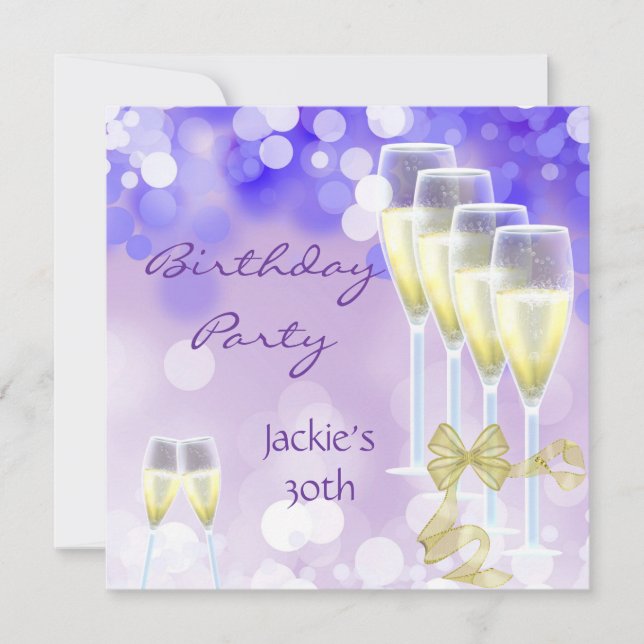Glasögon av champagne i Lila 30års födelsedag Part Inbjudningar (Framsida)