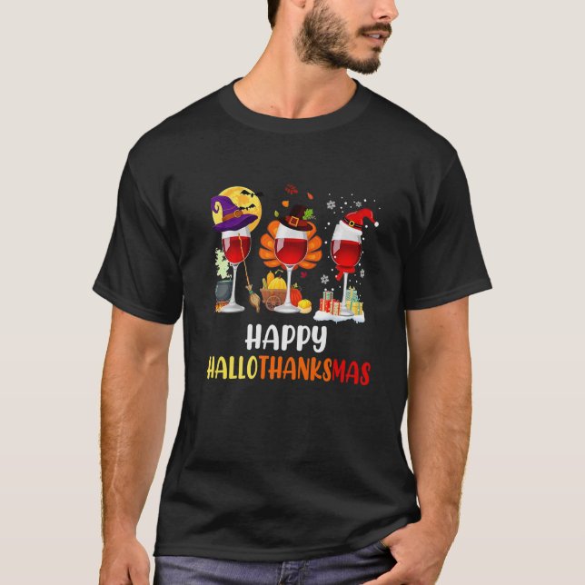 Glasögon av lycklig Hallothanksmas Vin T Shirt (Framsida)