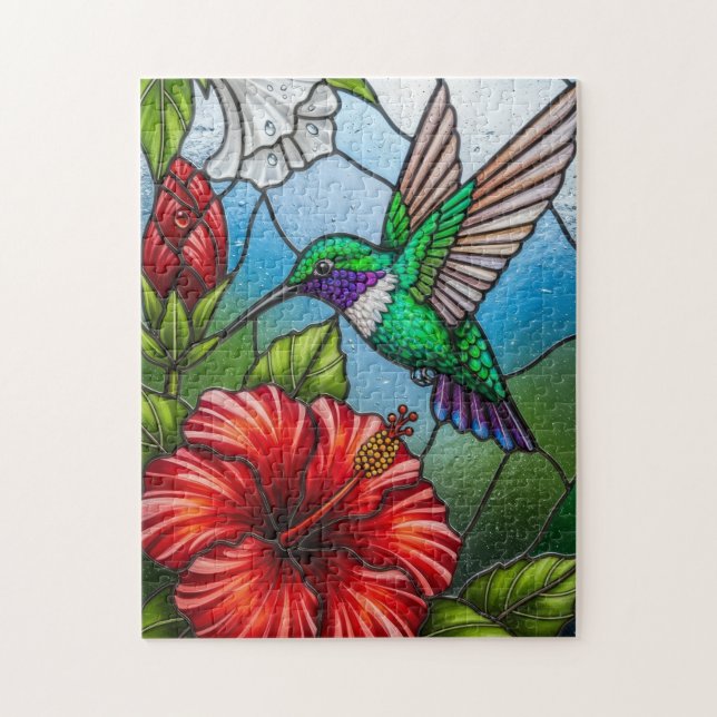 Glaspatchwork Kolibri Trädgård Blommig Mozaik Pussel (Vertikal)