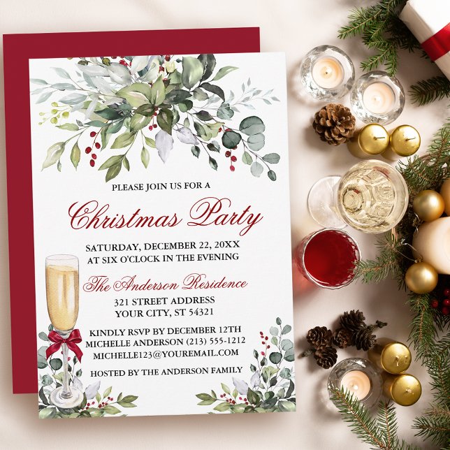Glass av Party-julfärgen Greenery Berries Inbjudningar (Customize to change text color, size, style or to change color of back of card.)