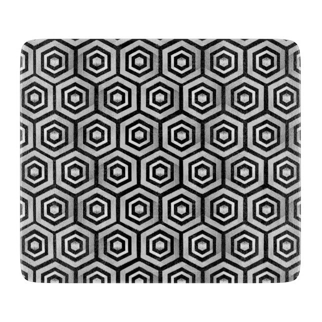 Glass Cutting Board Black White Hexagon Geometric (Framsidan)