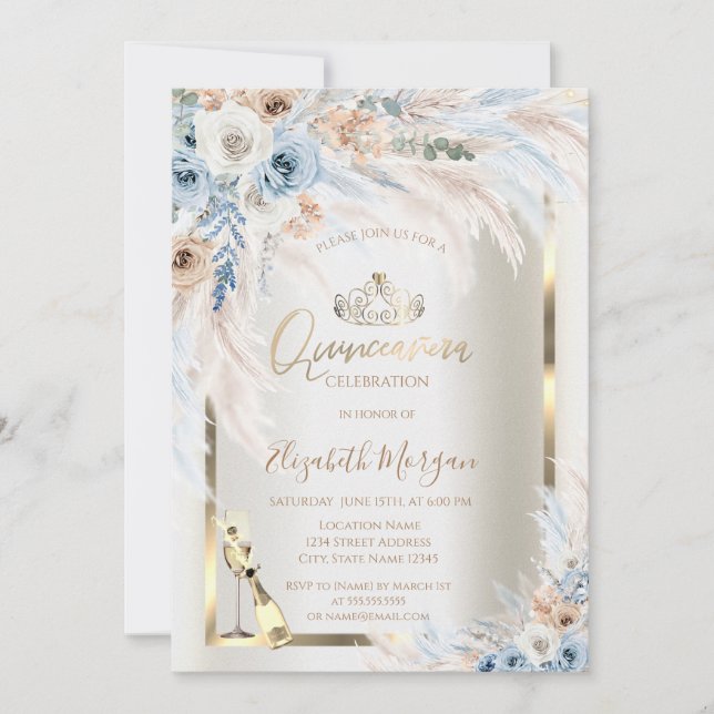 Glass Flaska Blue Ro Pampas Grass Quinceanera Inbjudningar (Framsida)