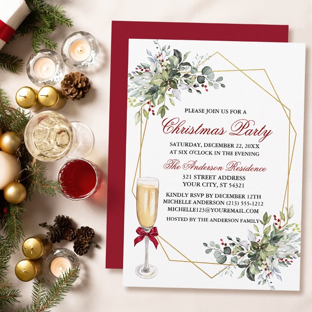 Glass för vattensfärg Greenery Berries jul Party Inbjudningar (Customize to change text color, size, style or to change color of back of card.)