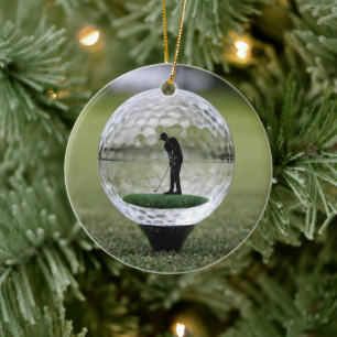 Glass Golf Boll med Golf Player inuti. Julgransprydnad Keramik