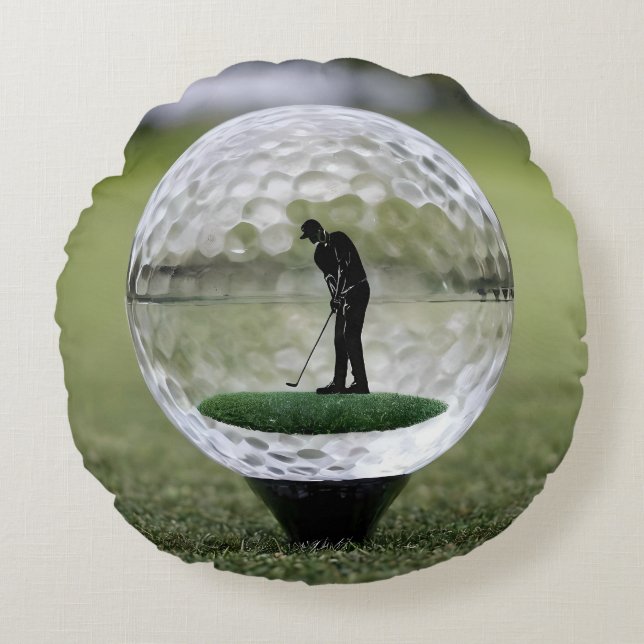 Glass Golf Boll med Golf Player inuti. Rund Kudde (Framsidan)