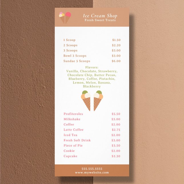 Glass Meny & Prislista Ställkort (Ice Cream Menu & Price List Rack Card)
