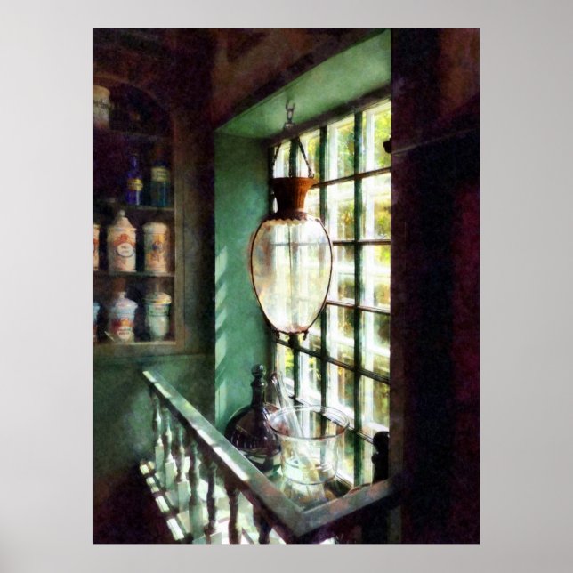 Glass Mortar och Pestle på Windows Sill Poster (Framsidan)