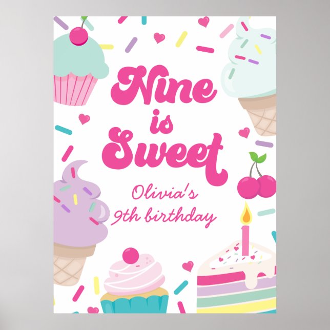 Glass och Tårta Nio är Söt 9-årsdag Poster (Framsidan)