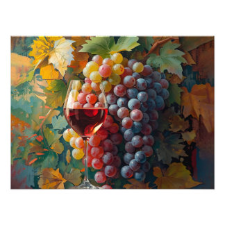 Glass of Red Wine with Grapes and Leaves Fototryck