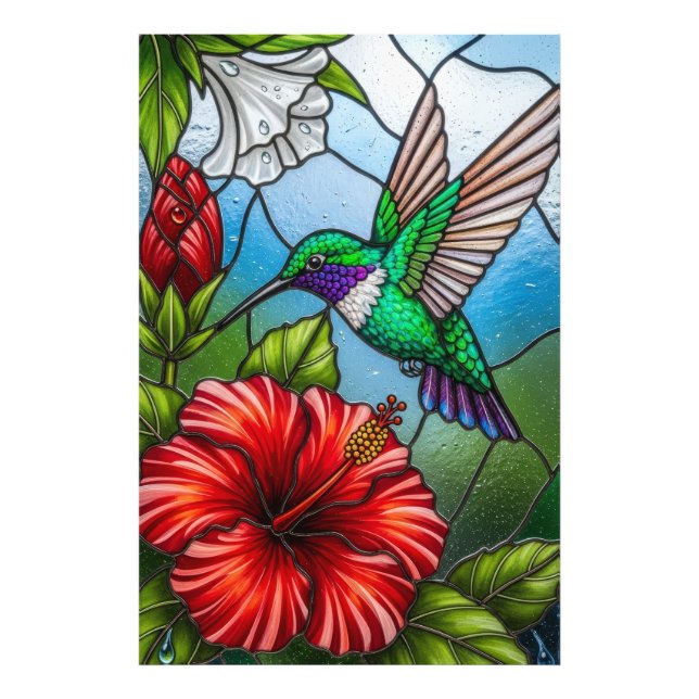 Glass Patchwork Hummingbird Garden Floral Mosaic Fototryck (Framsidan)