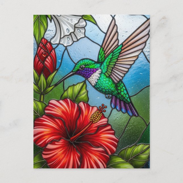 Glass Patchwork Hummingbird Garden Floral Mosaic Vykort (Framsida)