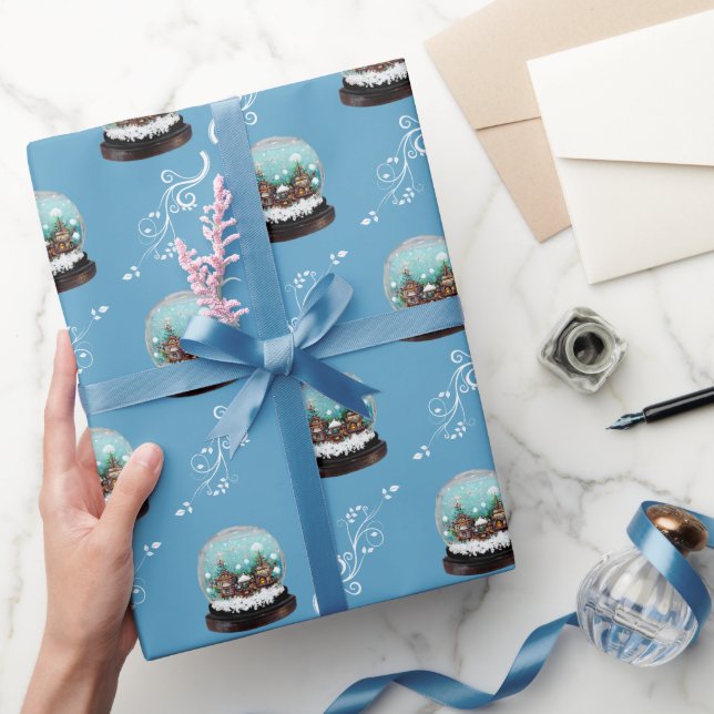 Glass Snowball Winter Village House Blue jul Presentpapper (Gifting)