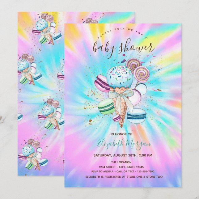 Glass Strössel Makroner Sommar Tie Dye Bebisens Fö Inbjudningar (Fram/baksida)