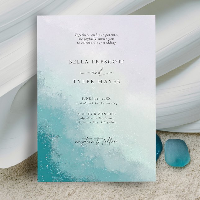 Glass Teal Lavender Chic Bröllop vid kustnära Beac Inbjudningar (coastal wedding invitation sea glass teal blue lavender purple modern ocean beach elegant chic)