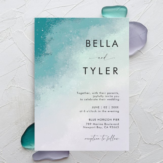 Glass Teal Lavender Modern Bröllop Inbjudningar (coastal wedding invitation sea glass teal blue lavender purple modern ocean beach elegant modern)