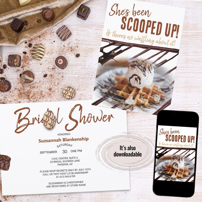 Glass Waffel Chokladstrimlad Inbjudningar (A fun ice cream waffle bridal shower design ready for your personalization. )