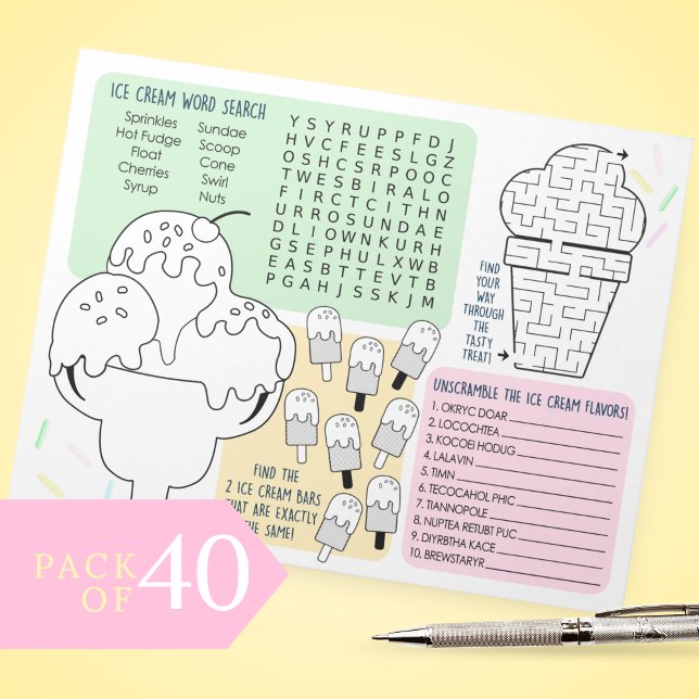Glassaktivitetsblad för barn paket om 40 anteckningsblock (Watercolor Ice Cream Coloring Activity Sheets for Birthday Party, Baby Shower or Bridal Showers)