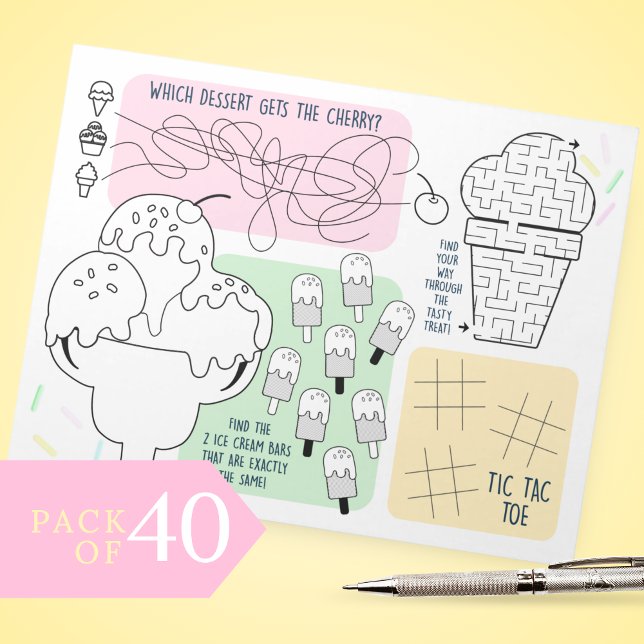 Glassaktivitetsblad för småbarnsförpackning med 40 anteckningsblock (Watercolor Ice Cream Coloring Activity Sheets for Birthday Party, Baby Shower or Bridal Showers)
