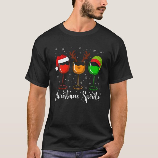 Glasses Of Wine Christmas Spirits Xmas Lights Elf  T Shirt (Framsida)