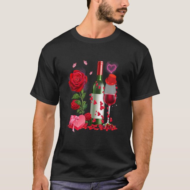 Glasses Wine Rose Heart Funny Couple Valentines Da T Shirt (Framsida)