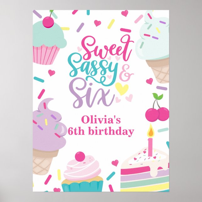 Glasskaka och tårta Söt Sexig Sex 6-års födelsedag Poster (Framsidan)