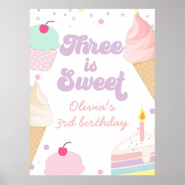 Glasskaka och tårta tre är sött 3-års födelsedag poster