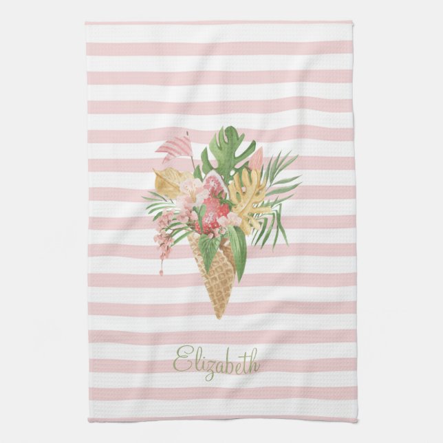  Glasskål,Tropiska blad Frukt,Rosa ränder  Kökshandduk (Vertikal)