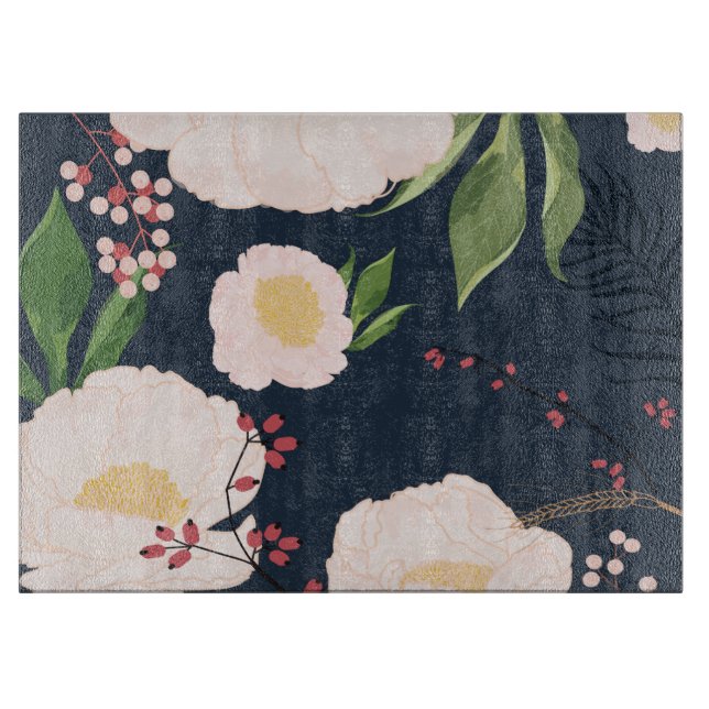 Glasskärande vita Blommigtar på Mörk blått (Framsidan)