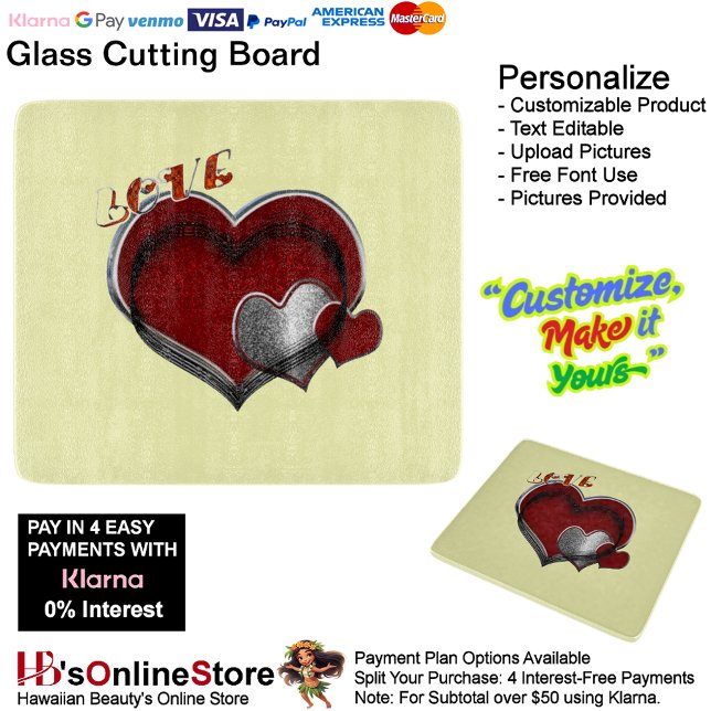 Glasskärning i Gult av pulverform 15,2 x 17,8 cm (Love Heart Yellow Cooking Kitchen Glass Cutting Board.)