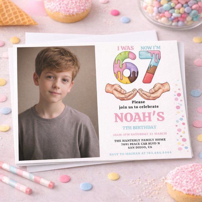 Glasskiosk “Six Seven” 7-års födelsedagsfest för b Inbjudningar (Ice Cream “Six Seven” 7th Birthday Party for Kids Invitation)