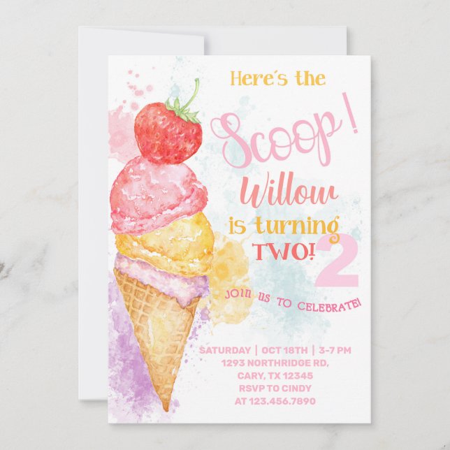 Glassstårta här är scoop 2-års födelsedagsinbjudan inbjudningar (Framsida)