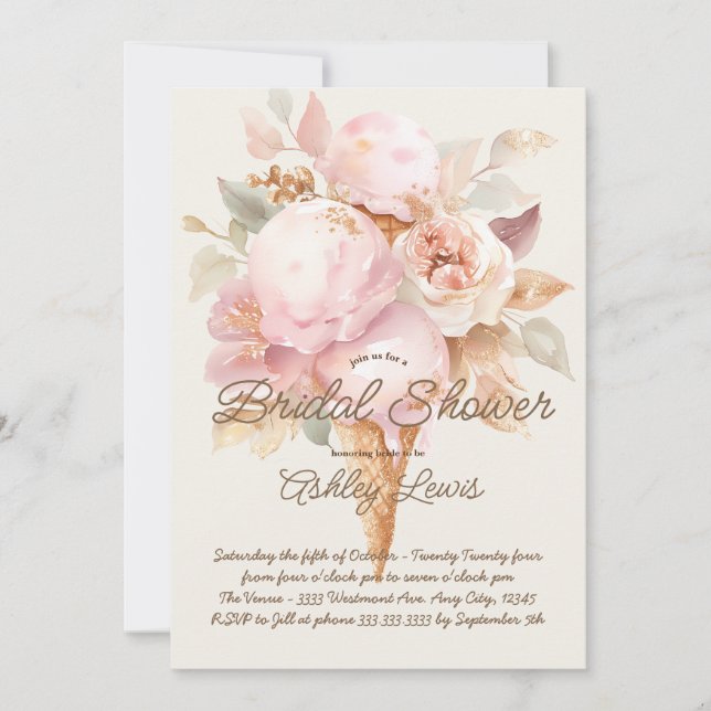 Glassstrut med guld, blomster och rosa glass inbjudningar (Framsida)