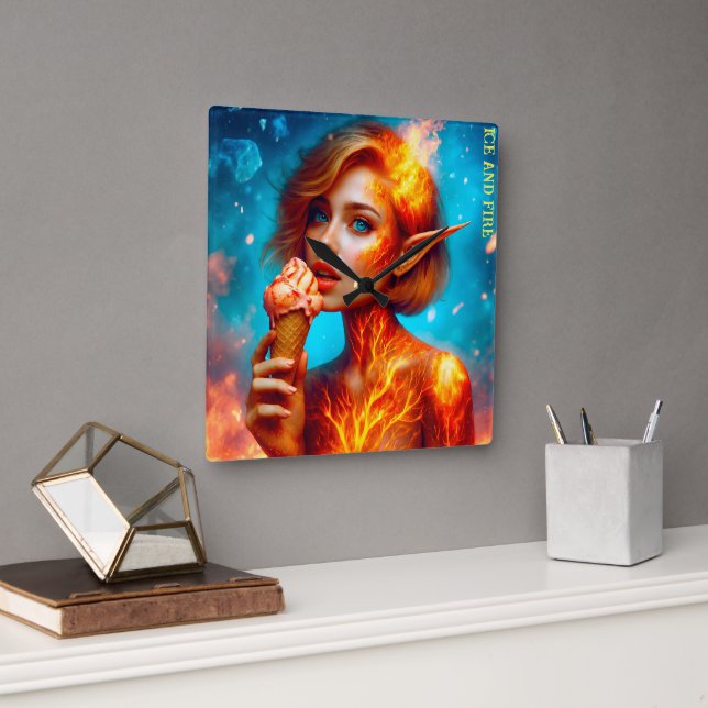 Glasstema från Elf, vackert blått brandvåfflor Fyrkantig Klocka (Kontor)