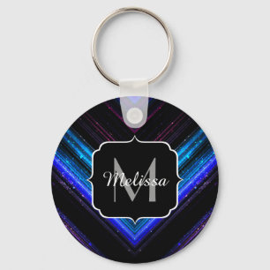 Glasvar metallblå lila chevron Monogram Nyckelring