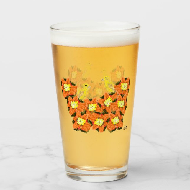 Glasvaror: Orange gula blommor med kanariefåglar Glaskopp (Baksida fylld)