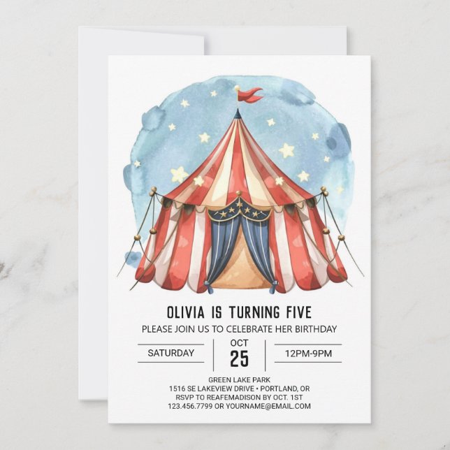 Glatt Anpassningsbar Vattenfärg Circus Birthday Inbjudningar (Framsida)
