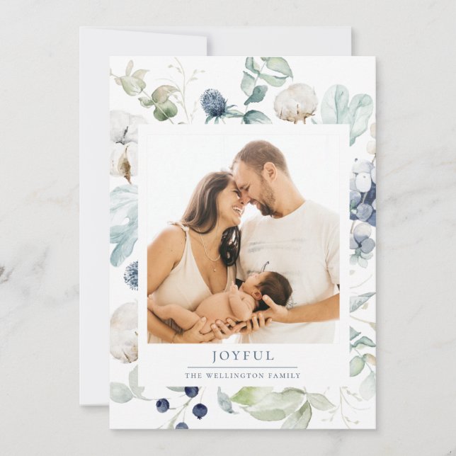 Glatt arktiskt vinter - botaniskt fotolblått julkort (Framsida)