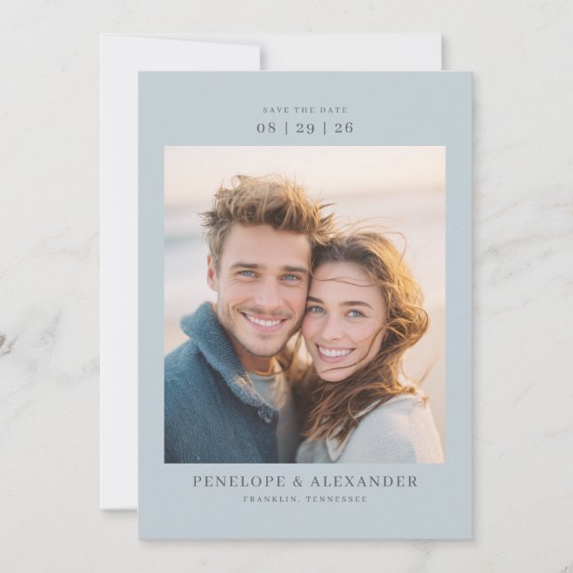 Glatt Blått Minimalistiskt Foto Spara Datumet (Framsida)