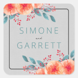 Glatt Blommigt Orange och Teal Bright Bröllop Fyrkantigt Klistermärke