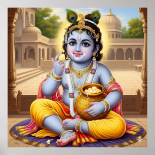 Glatt Blue Classic Bala Krishna Pot Art Design Poster