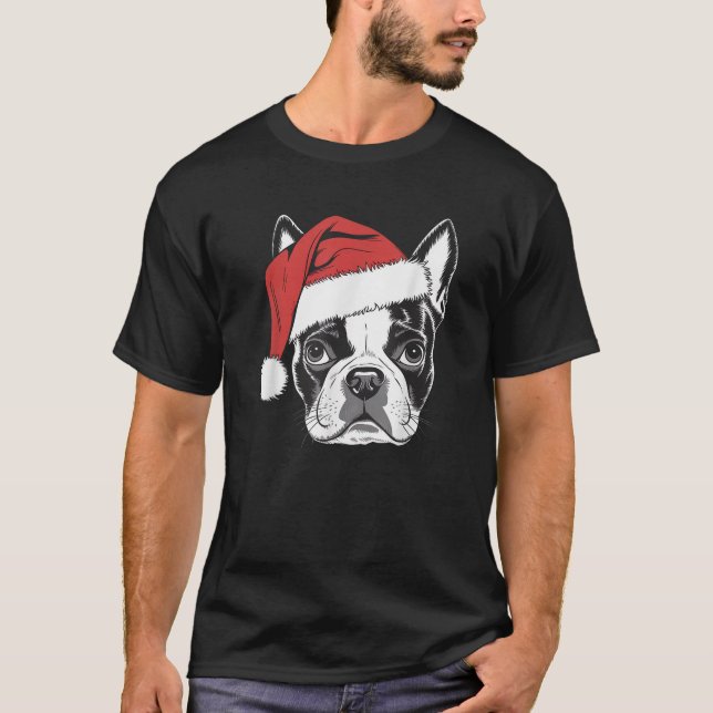 Glatt Boston Terrier Santa Hund på Boston Terrier T Shirt (Framsida)