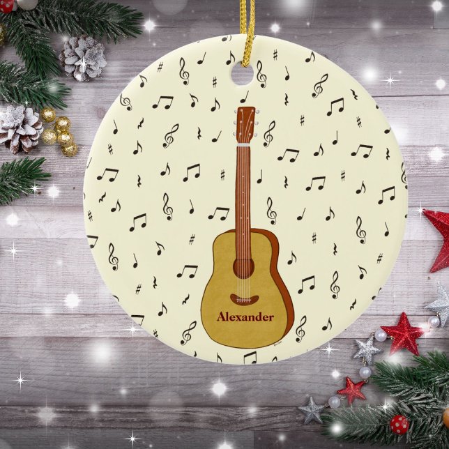 Glatt design för Festive Guitarist Music Note Julgransprydnad Keramik (Guitar With Music Notes Personalized Ceramic Ornament)
