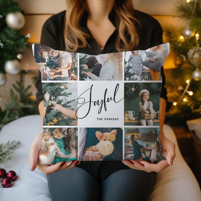 Glatt | Elegant Script Multi Photo-jul Kudde (A black and white Christmas pillow that says "Joyful" in elegant script, with eight of your photos)