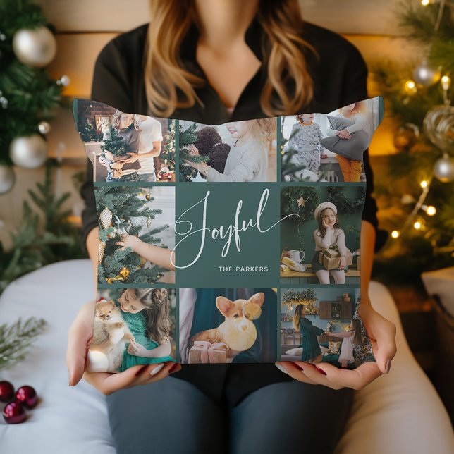Glatt | Elegant Script Multi Photo-jul Kudde (A pretty green Christmas pillow that says "Joyful" in elegant script, with eight of your photos)